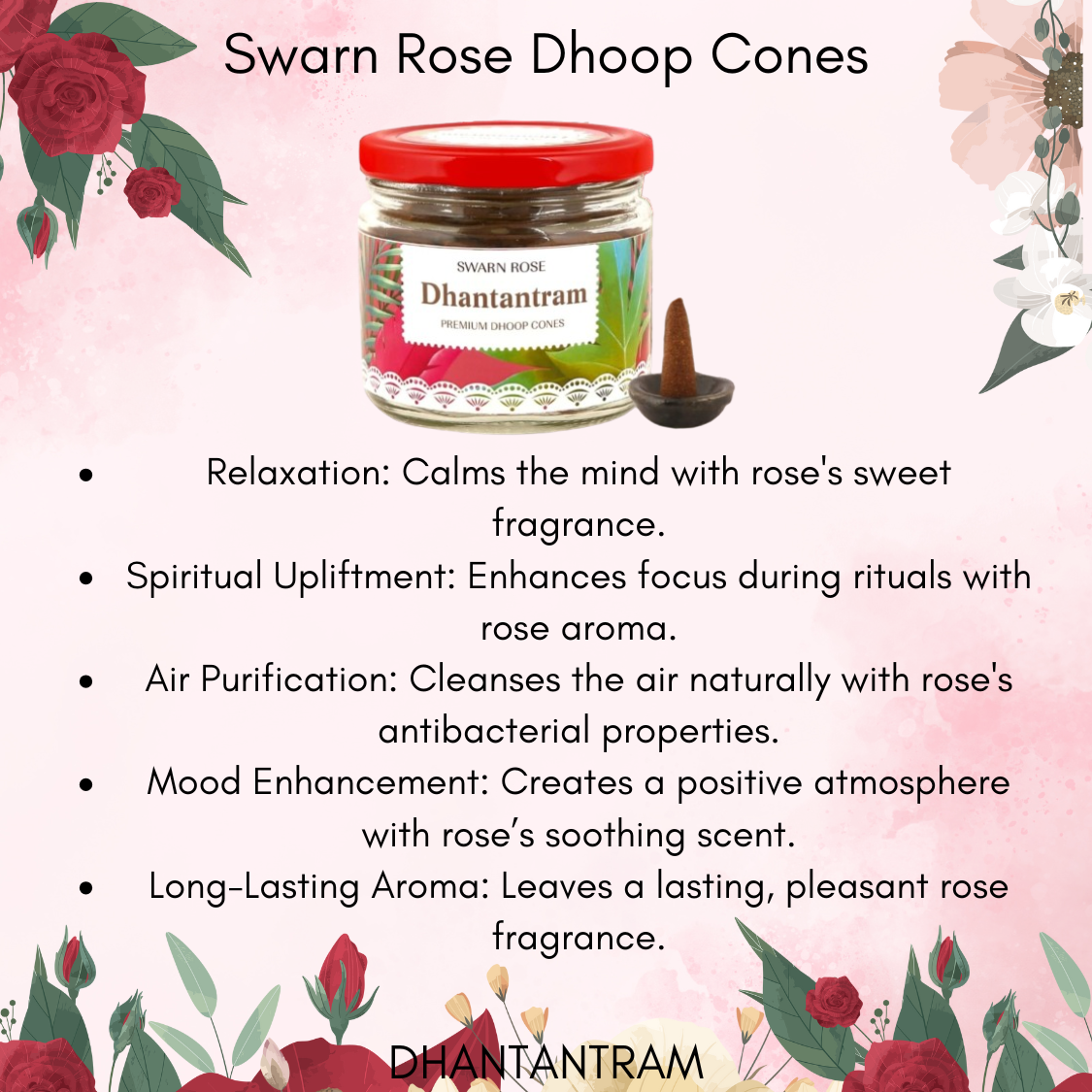 Swarn Rose Premium Cow Dung Dhoop Cone (50 pieces supply with stand)