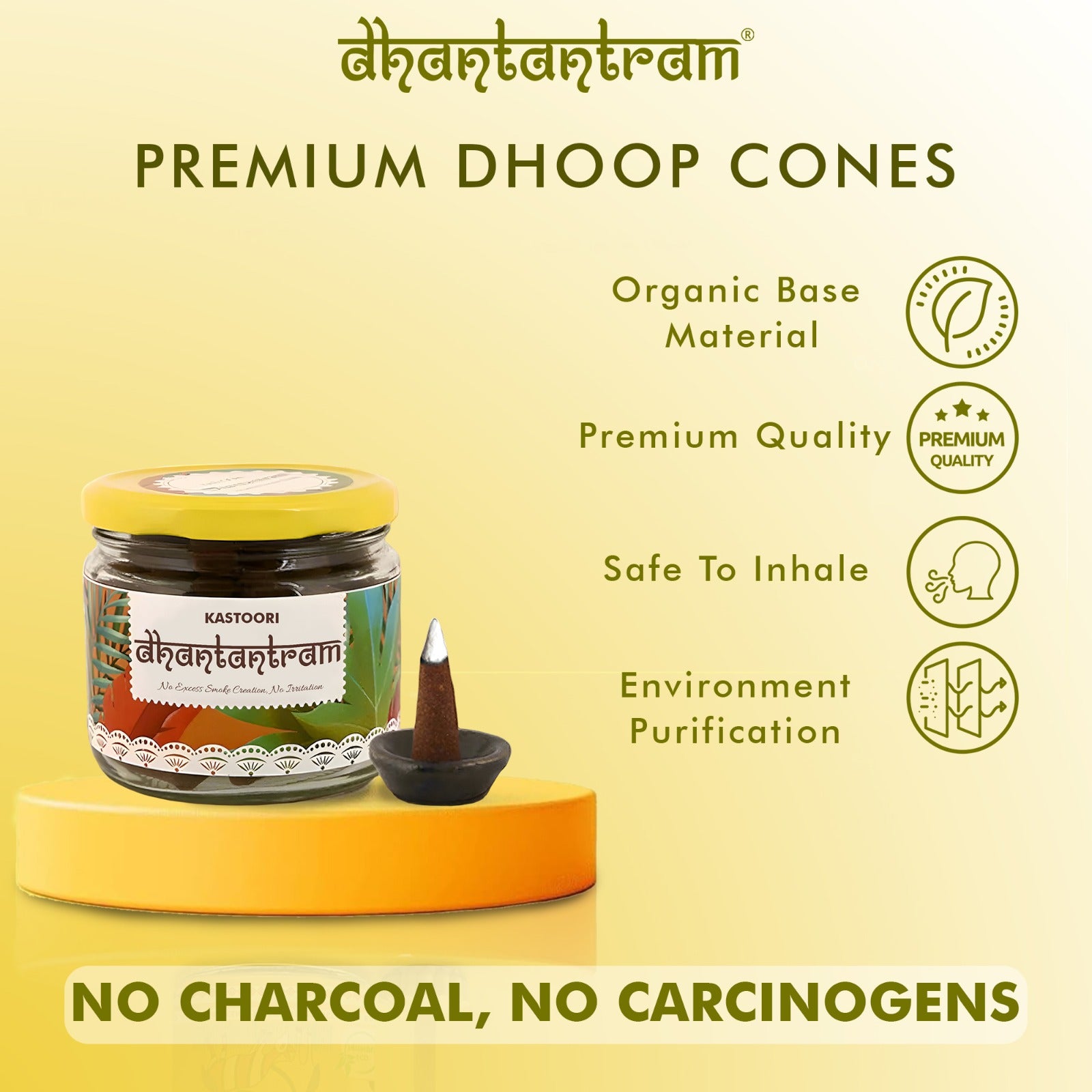 Kastoori PremiumCow Dung Dhoop Cone (50 Piece supply with stand)